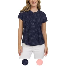 Lands' End Women's Short Sleeve Pintuck Blouse Henley Top Navy, Pink, S, M
