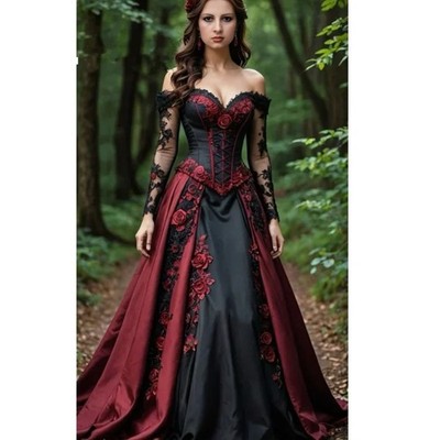 Black Burgundy Gothic Victorian Prom Dresses Off Shoulder 3D Floral Evening Gown