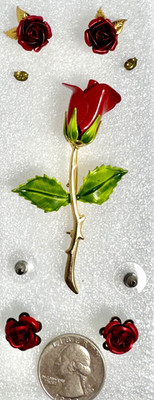 Vintage gold-tone red metal rose sculptural earring and Brooch set