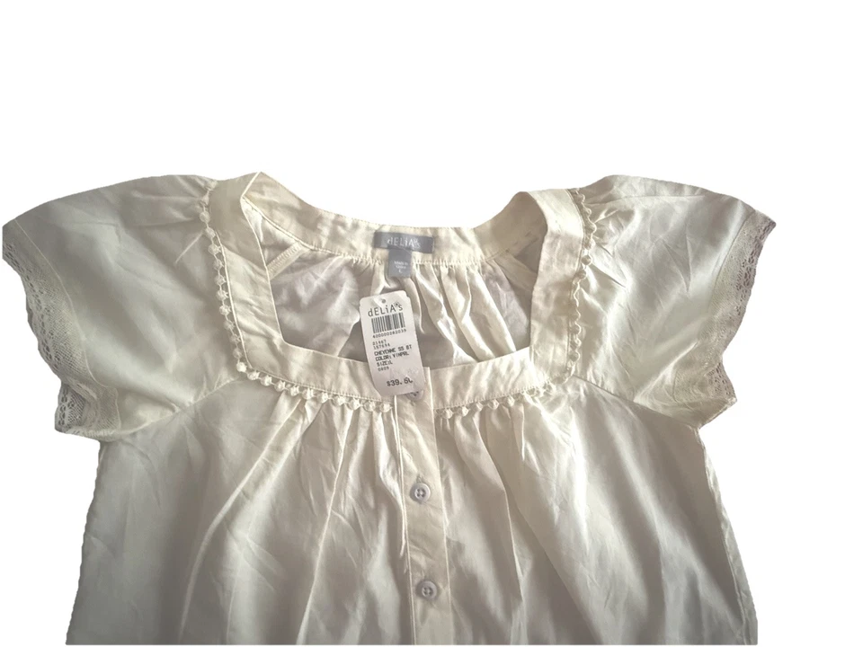 dELiA*s Women's Cream Blouse - 100% Cotton Lace Trim Button Top - Size L - NWT - Image 3 of 3