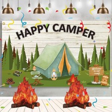 Camping Party Decorations, Happy Camper Banner Backdrop, 3D Campfire Centerpiece