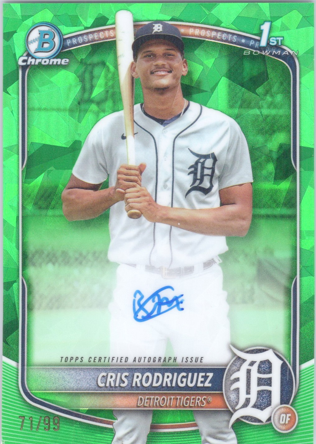 2025 BOWMAN CHROME SAPPHIRE 1ST CRIS RODRIGUEZ 71/99 AUTO GREEN SP DETROIT