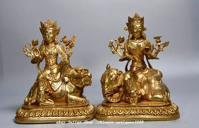 9.8" Old Chinese Bronze Gilt Wenshu Puxian Kwan-yin Lion Elephant Buddha Pair - Image 3 of 4