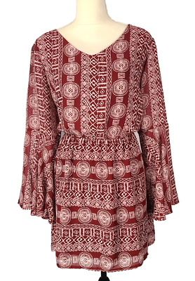 FASHION UNION Bell Sleeve Dress 12 Short Red White Geometric Bohemian  Hippie EUC | eBay