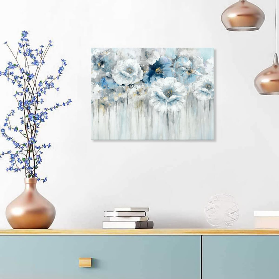 Bathroom Wall Art Abstract Flowers White Floral Painting Artwork on