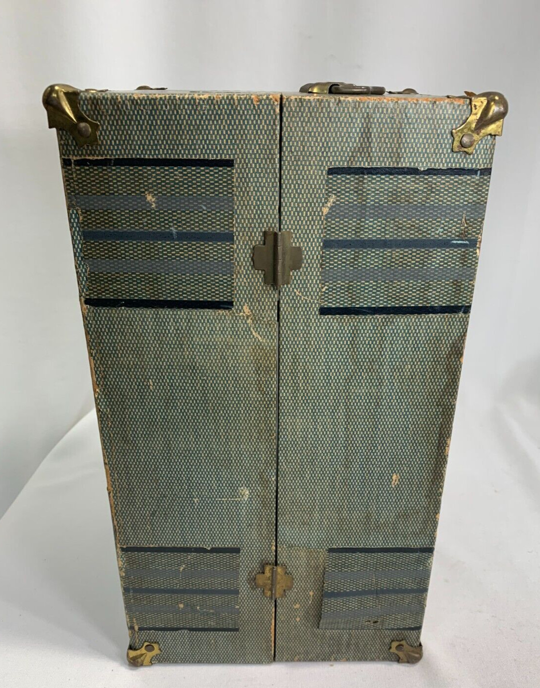 1930's Composite DOLL TRUNK Brass Knuckle Corners Pin Stripe pattern 13"x8"x8"