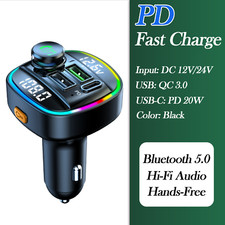 Bluetooth 5.0 Car FM Transmitter w/ QC3.0 20W Charger Voltage Display RGB Light