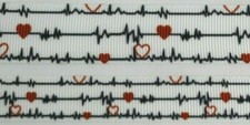 Nurse Heart Grosgrain ribbon by the yard White Black 5/8" 7/8" heartbeat EKG