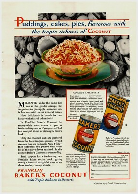 1929 Baker's Coconut Vintage Print Ad Puddings Cakes Pies Flavorous Tropic Rich