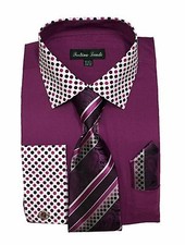 Men's Rose Purple Polka-Dot Collar French Cuff Dress Shirt with Tie Hanky 630