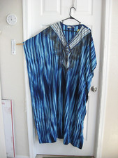 Multi-Blue Vertical Stripe Embellished Kaftan - One Size