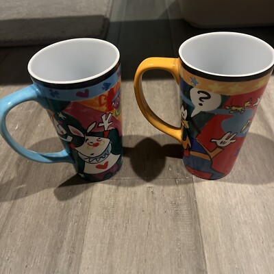 2 Disney Store Drawn Cartoon Mugs Coffee Latte Cup 16 oz Goofy Mickey Alice