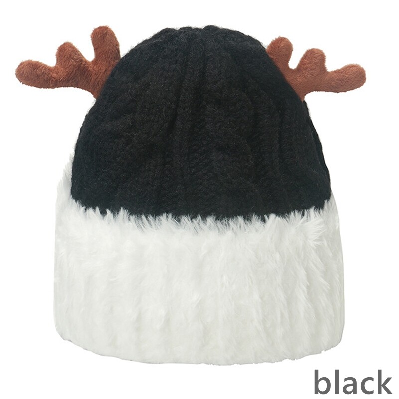 Ladies Knit Faux Fur Patchwork Hat Deer Horn Skullcap Christmas Beanie Cap Soft