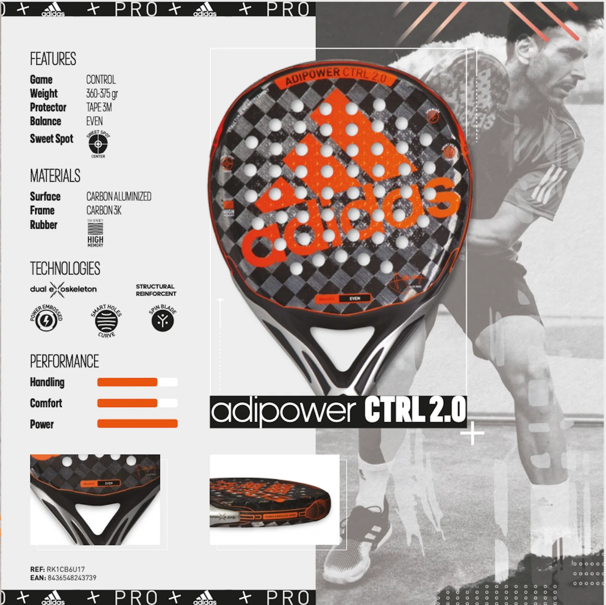 Adipower CTRL 2.0 Padel Carbon Paddle Racquet Sweet Spot Dual Exoskeleton | eBay