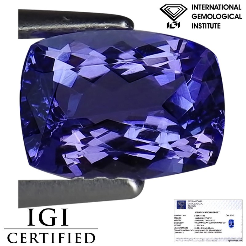 1.62 Ct Natural D Block Tanzanite IGI Certified AA Blue Violet Cushion Cut