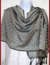 Banaras Silk Gray Woven Floral Paisley Shawl, Wrap, Stole from India