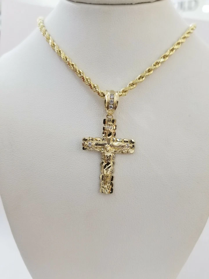 Real 10K Gold Rope Chain Necklace & Jesus Cross charm Pendant 3mm 16 -28 in Set - Image 3 of 4