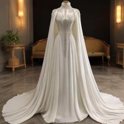 Elegant White Muslim Wedding Dresses With Cape Women Bride Beads Floor  length | eBay
