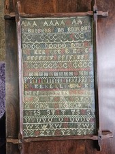 Antique 19th C Alphabet Needlework Embroidered Sampler Original Wood Frame Folk