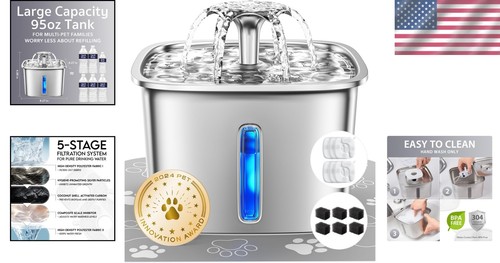 Stainless Steel Pet Fountain, 95oz + Filters - Picture 2 of 11