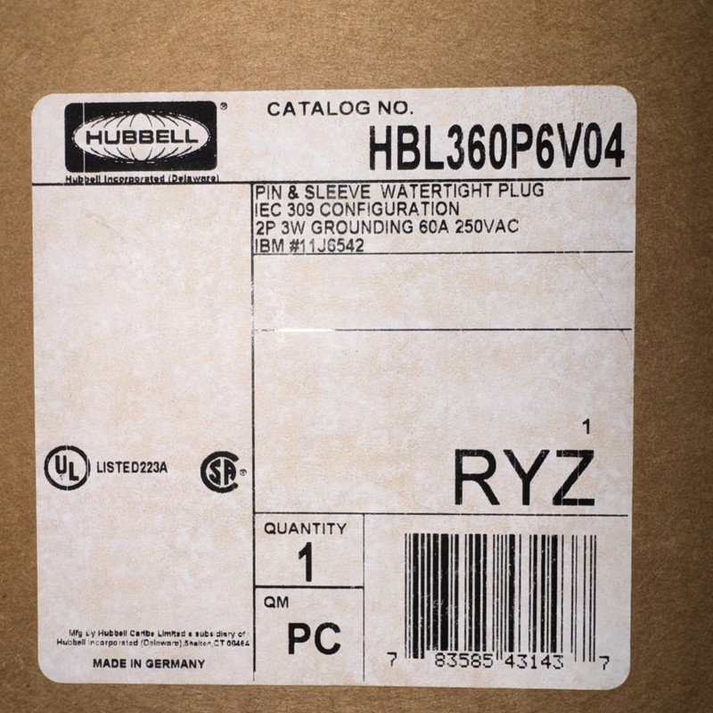 BRAND NEW IN BOX Hubbell 240v 60 AmpsCircuit Lock Pin Sleeve  Plug HBL360P6WV04