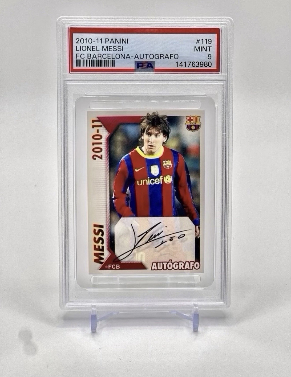 LIONEL MESSI FC Barcelona 2010-11 Autografo PSA 9 Panini Stickers #119 Auto Mint