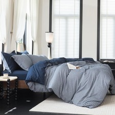 Reversible Duvet Cover Set 100 Washed Cotton Blue Stripe Linen Feel Duvet Co...