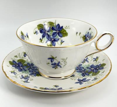 Royal Grafton Bone China Teacup Saucer Violet Floral Blue Gold Trim England VTG