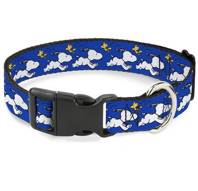 Plastic Clip Collar Peanuts Snoopy Running and Woodstock Pose Blue WIDE-Large 20