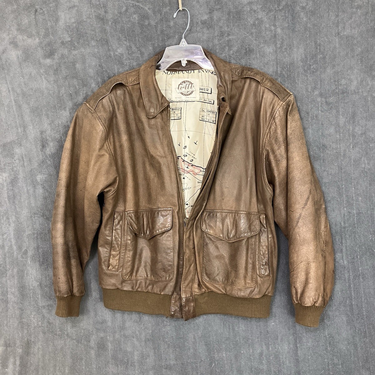 VTG G-III Leather Bomber Jacket Mens Medium Brown Flight Map Lined