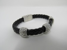 Designer Braided Bangle Bracelet Black/Silver Clear Gemstones Female Adult