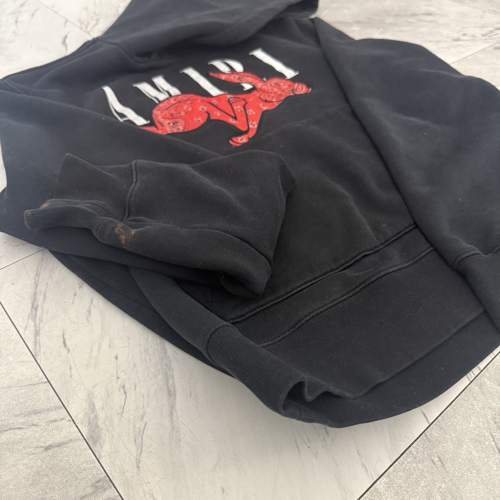 Amiri CNY Black Hoodie with Red Bandana-Print Rabbit Logo Size M image 2