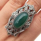 925 Sterling Silver Vintage Real Green Onyx & Marcasite Oxidized Ring Size 9