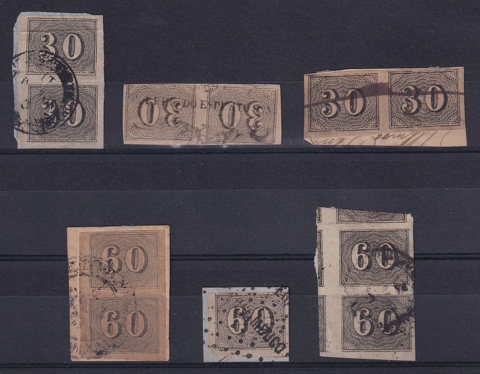 BRAZIL 1850 issue Sc 23 & 24 GROUP OF FIVE PAIRS ON TINY PIECES & BETTER CANCELS