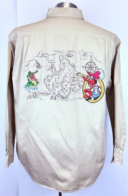 Vtg Disney Store Peter Pan Captain Hook Neverland Map Tan Long Sleeve Shirt Sz M
