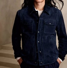 Mens Navy Blue Suede Leather Trucker Jacket S...