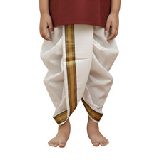 Boys Kids Dhoti in Pure Silk with Gold Border, Readymade Indian Ethnic Dhoti
