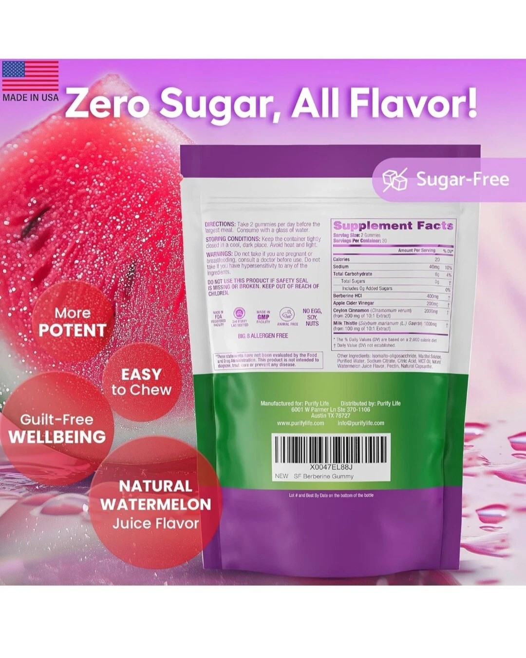 Lot of 2 Purify Life Sugar Free Berberine Gummies- Watermelon flavor-120 Gummies