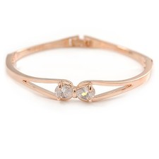 Image of Delicate Double Loop CZ Bangle Bracelet In Rose Gold Tone Metal - 17cm L (For