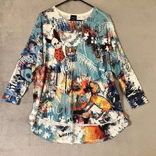 INOAH Womens Tunic Top Woof Dogs Cat T-Shirt sz M Art To Wear Colorful Relaxed