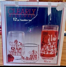 Vintage “Santa And Presents” 12 Piece Glass Tumbler Set Clearly Solstice MCM EUC