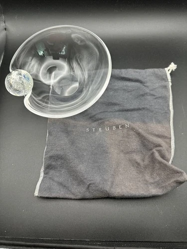 Vintage Steuben Signed Crystal Art Glass Ball Handle Tray