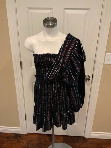 FARM Rio Black One Shoulder Shimmering Striped Mini Dress, Size Small