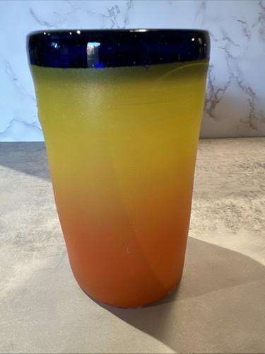 Set Of 4 Mexican Hand Blown Tumbler Orange/Yellow Ombre Drinking Glass 5 3/8” - Picture 8 of 11