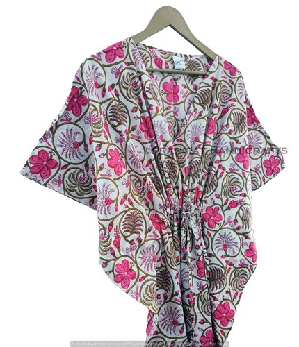 Indio Blanco Pijama Largo Estampado Floral Algodón Hippie Maxi Mujer Caftán De - Imagen 6 de 7