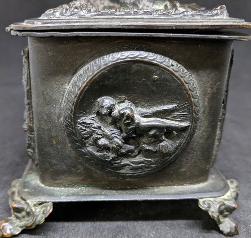NEW PRICE! Antique French Bronze Jewelry Casket Hunt scenes reliefs BOX - Picture 3 of 9