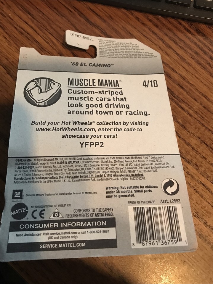 Hot Wheels 1:64 – '68 El Camino – Carte US / Muscle Mania 2017 – Blister Non Ouvert – Occasion Collection