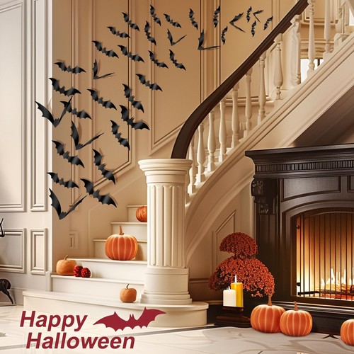 Halloween Decorations Bats Wall Stickers, 60 PCS Reusable 3D Black Halloween ... - Picture 6 of 7