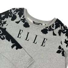 ELLE Womens Logo Pullover Top Gray with Black Velvet Logo and Design Medium