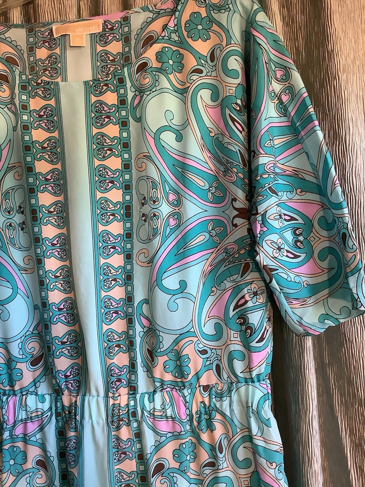 Abito da festa Michael Kors MK Paisley floreale blu turchese taglia 10 elastico in vita